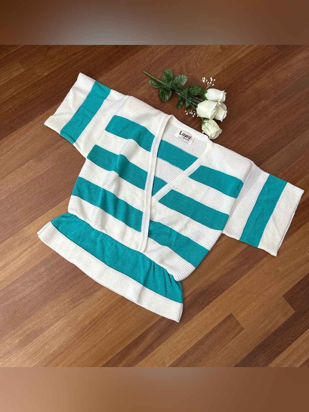 Teal & White Striped Knit Top